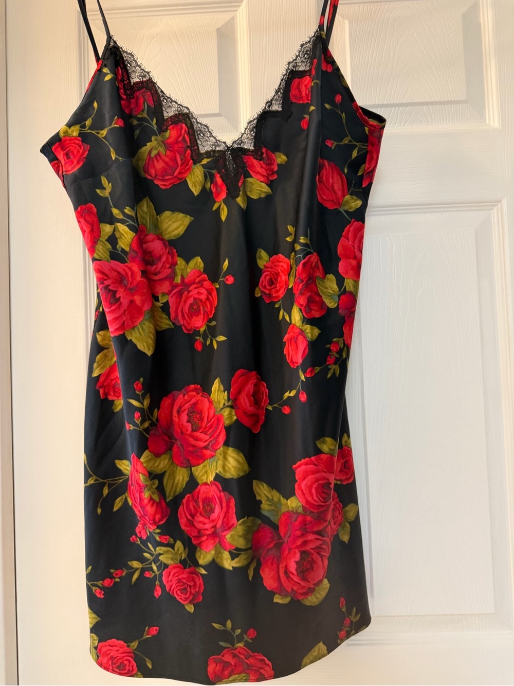 Victoria's Secret Black Slip with Red Rose Print and Green Leaves